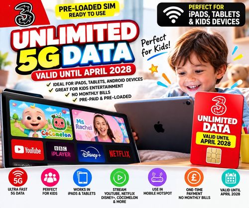 Unlimited 5G Data SIM iPad Kids Tablet Three Preloaded Exp April 2028 — image 1