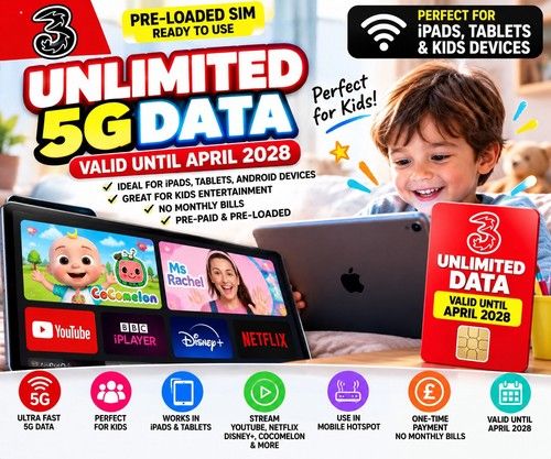 Unlimited 5G Data SIM iPad Kids Tablet Three Preloaded Exp April 2028