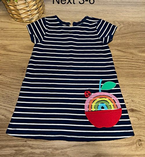 NEXT Girls Blue White Striped Rainbow Appliqué Jersey Cotton A-Line Dress 3-6M