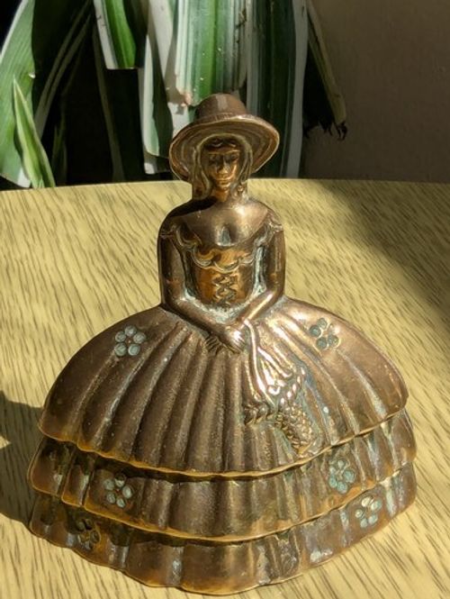 Antique Victorian brass bell lady with her feet as the clapper 2 3/4" perfect 