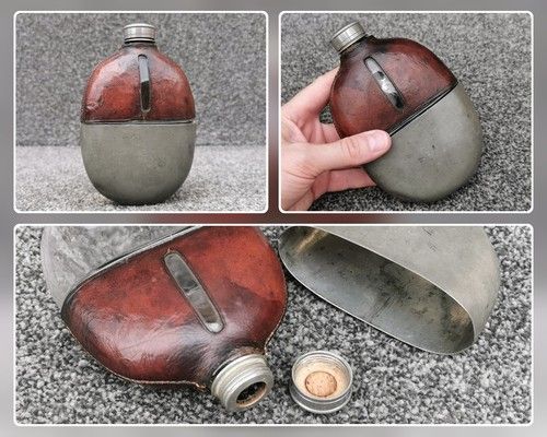 Antique c1900 Leather Bound Oval Blown Glass Hip Flask Pewter Drinking Cup & Cap