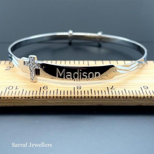 Personalized 925 Sterling Silver Christening Baby Bangle D/C Cz Cross Engravable