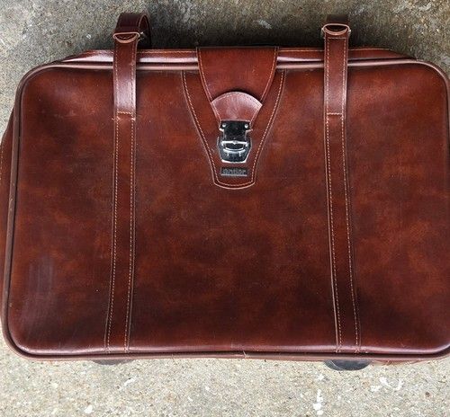 Vintage Brown Leather Suitcase Travel Case Garment Bag Luggage Retro Antique