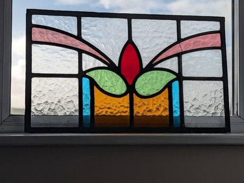 RENOVATED:   Bold Vintage  Compact Stained Glass Panel  44 x 26 cm