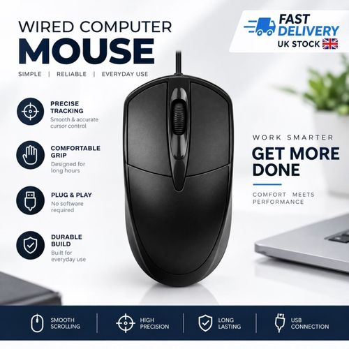 Wired Mouse For PC Laptop Computer Wheel-Black USB Optical Wired Mouse Scroll — image 1