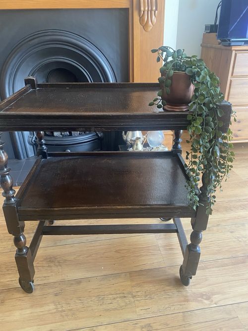 Vintage Oak Carved Twist Drinks Trolley Tea Cart 2 Tier Serving Cart on Castors — image 7