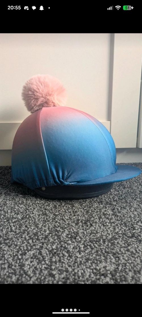 Aubrion Riding Hat Cover with Pom Pom & Peak Blue/Pink Gradient One Size — image 2
