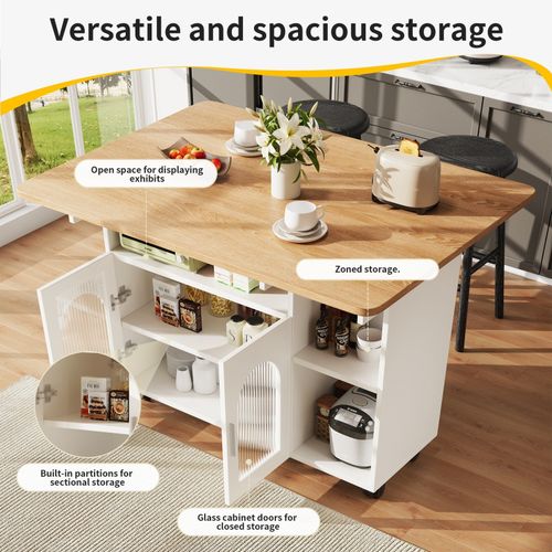 Kitchen Island w/ Drop Leaf, Glass Doors, Serving Trolley Storage Cabinet, White — image 4