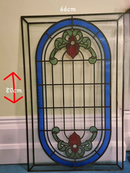 Antique Original Leaded Art Nouveau Oval Stained Glass Panel Blue 66x80cm