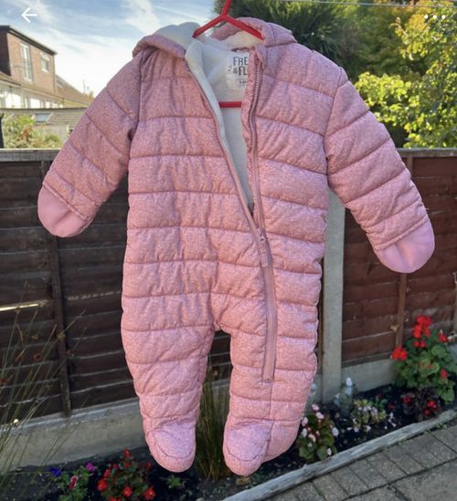 Fred & Flo Pink Quilted Hooded Fleece Lined Full Zip Snowsuit 3-6 Months — image 2