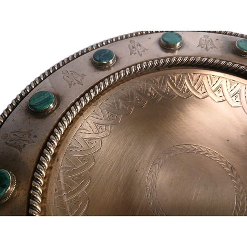 Antique 19thC Gilt Brass Tazza Decorated With 12  Malachite Cabochons 30cm — image 4