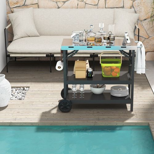 3-Tier Foldable Outdoor Cart Movable Multifunctional Flattop Worktable 2 Wheels — image 8