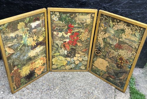 Antique Panel screen Victorian decoupage three floor table hand made folk art