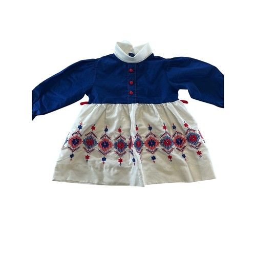 Vintage Kids Blue White Red Embroidered Long Sleeve Dress Mock Neck Size 3 USA