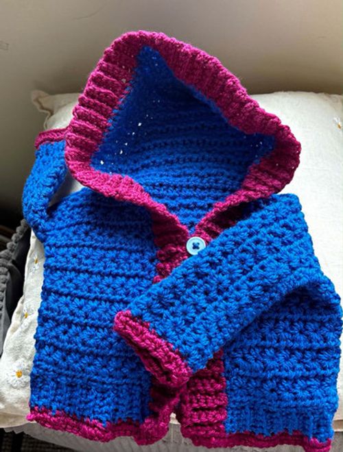 Handmade Hooded Crochet Baby Cardigan 0-3 Months Acrylic Blue/Pink Button