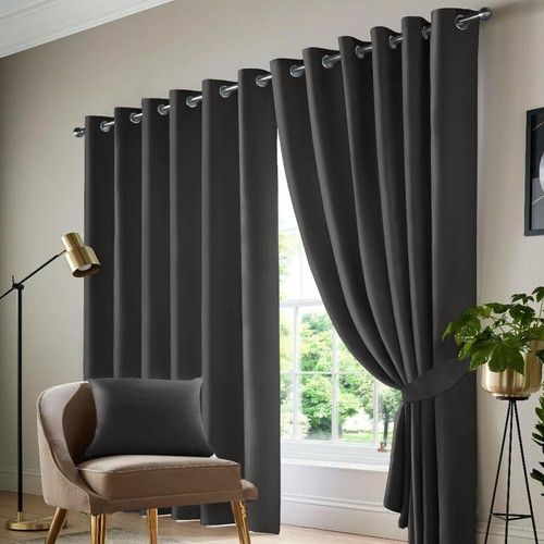 Thermal Thick Blackout Curtain Eyelet Ring Top Ready Made Pair Panels +Tie Back