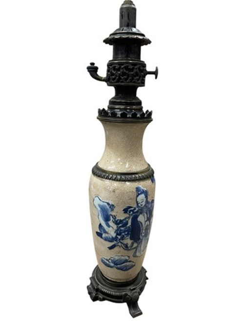 A 19th century Chinese Antique two-part porcelain oil lamp, H 53cm