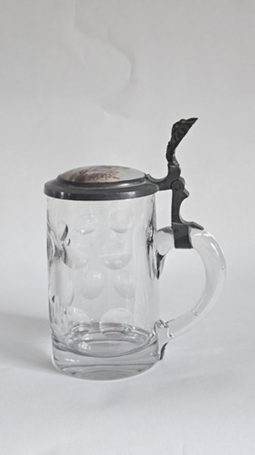 Antique Traditional German Lidded Glass Jug Beer Stein Pewter Porcelain Lid