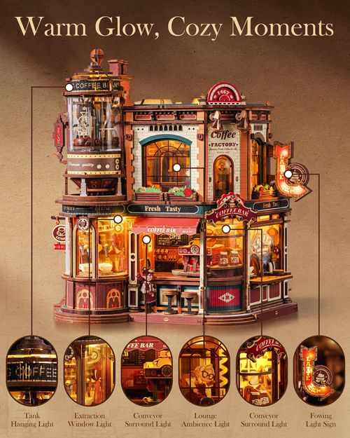 ROKR Dream Coffee Factory 3D Puzzle Building Toys Music Box Wooden Kids Gift — image 9