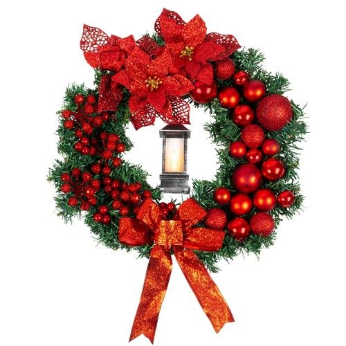 Artificial LED Christmas Wreath Pine Green Decorative Hanging Xmas Door 40cm Bow