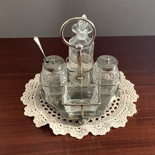 1930s/1940s Style Silver Plate & Cut Glass Condiment Set * A Marriage