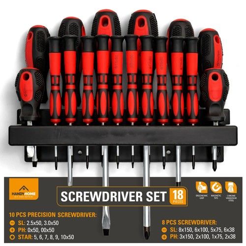 18pk Screwdriver Set Manual Magnetic Tips Home DIY Repair Tool Ergonomic Handles
