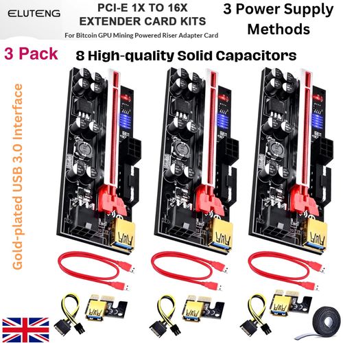 3X PCI-E Riser Card PCIe 1x to 16x USB 3.0 Data Cable Bitcoin Mining UK VER009C — image 1
