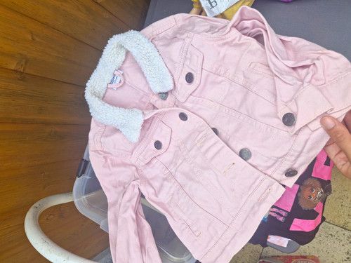 Girls Pink Denim Jacket Faux Shearling Collar Button Up Pockets 5-6 Years
