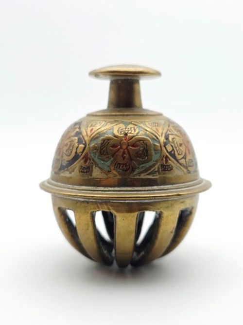 Mid-Century Indian Brass Elephant Claw Bell Red Green Enamel 125g