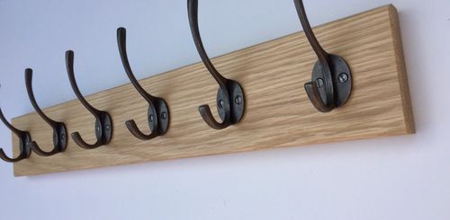Handmade Solid Oak Coat Rack | Antique Cast Iron Hooks | Rustic Wall Mounted Rai — image 1