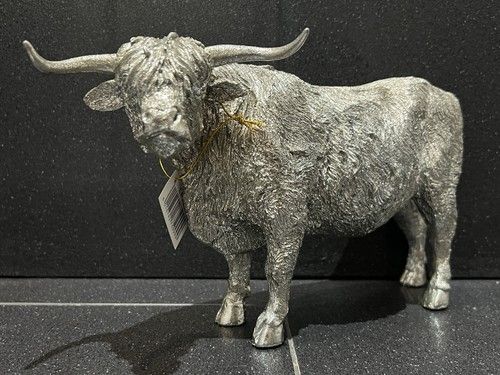 Large Standing Silver Highland Cow Scottish Farm Gift Figurine Ornament Figure