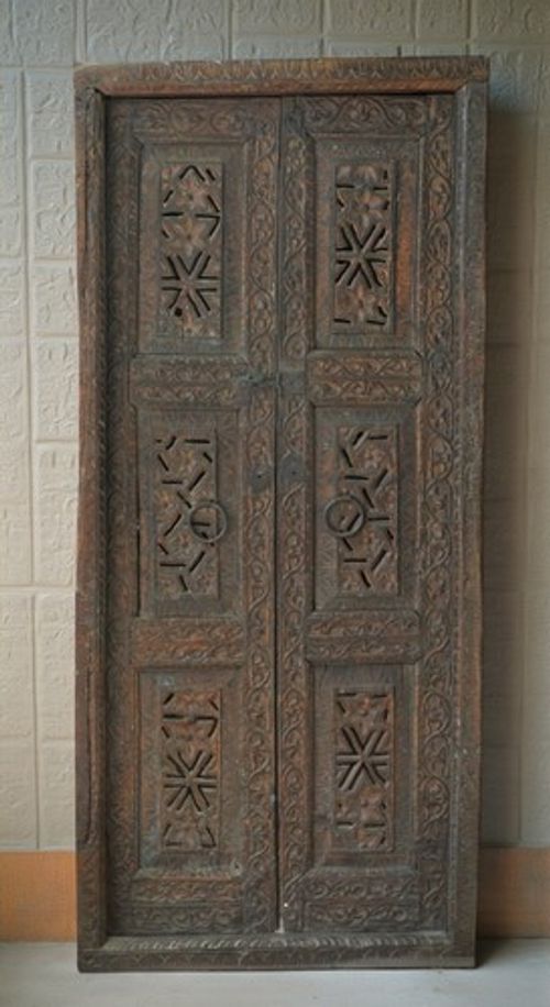 Antique Teak Wood Door Panels With Frame Wall Décor Very Fine Carved 2.5x6 ft
