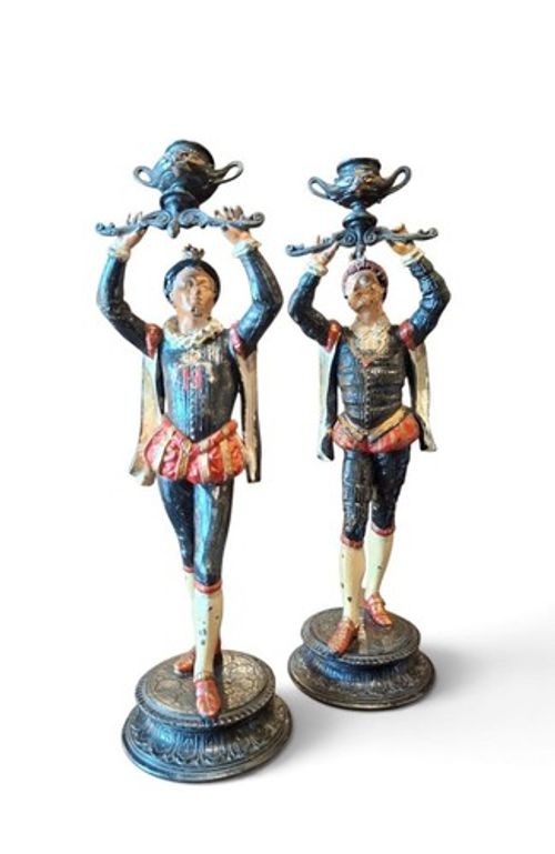 Pair of Austrian chandeliers, depicting pages, bronze, paintings, 19th century