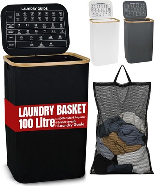 Laundry Basket with Lid 100L Bamboo Handles Mesh Bag Clothes Hamper Storage Bin