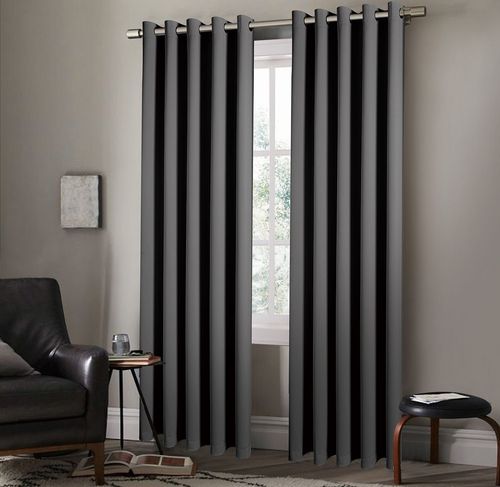 Pair of EYELET Ring Top Plain Thermal BLACKOUT LINED Curtains with Tie Backs — image 1