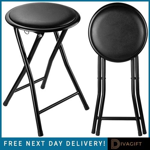 BLACK FOLDING STOOL ROUND FOLDABLE METAL FOR SPACE SAVING STOOLS PADDED SEAT NEW