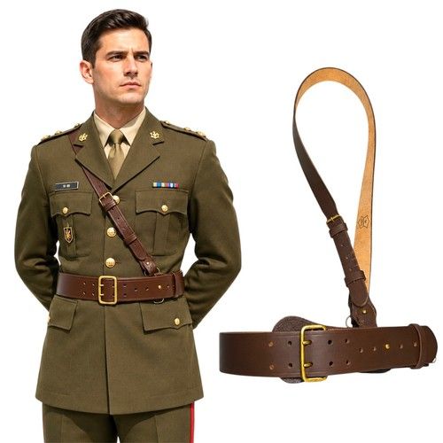 Sam Browne Belt Genuine Leather Complete with Shoulder Cross Strap,Brown Leather