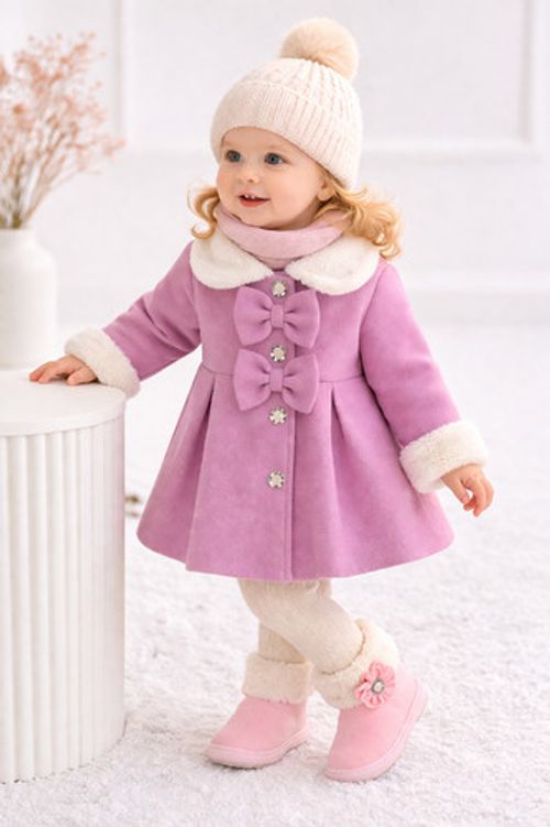Baby Coat Girls 18–24M Pink Winter Coat Bow Detail Fleece Collar Warm Toddler Ja
