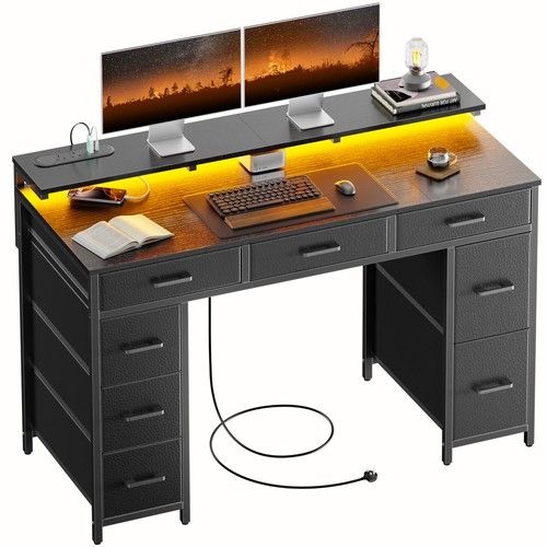 120 cm Computer Desk with Drawers, Gaming Table with LED Lights & Power Outlets