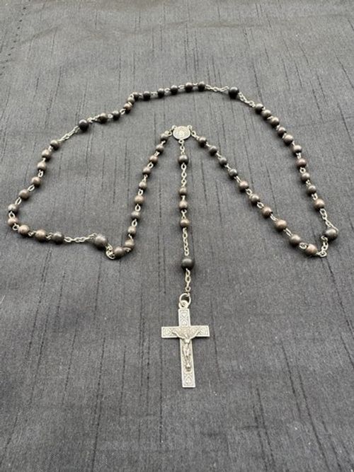 Vintage Wooden Beaded Catholic Rosary Beads Silver Tone Crucifix & Centerpiece