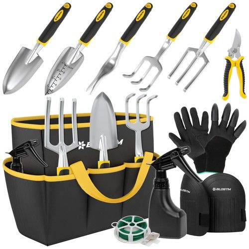 BLOSTM 11 Piece Gardening Tools Set Hand Fork Weeder Rake Shovel Trowel Bag