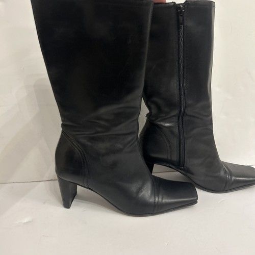 Vintage 90s Leather Mid Calf Boots Square Cap Toe Block Heel Size 39 Brazil