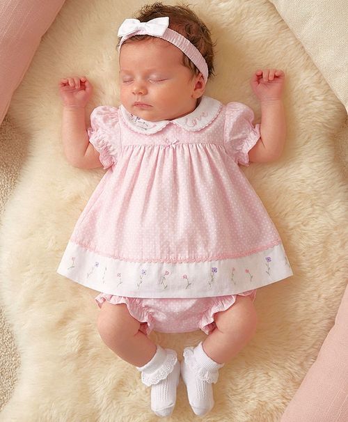 Baby Girl Dress Set Outfit Embroidered Bow Headband Pink — image 1