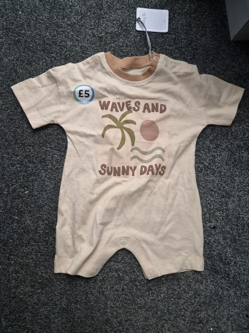 Tu 2pc Baby Playsuit Set 3-6 Months Cotton Jersey Short Sleeve Beige/Brown — image 2
