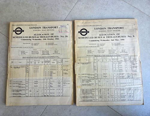 Vintage 1956 & 1961 London Transport Bus Allocation Booklets Nos 9 & 20 RT RM