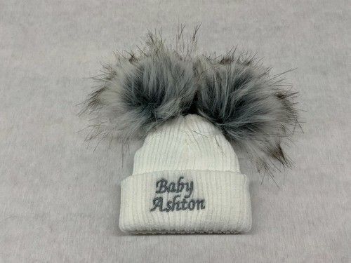 Personalised Unisex Baby Boy Girl Hat Faux Pom Pom Baby Shower Gift Name Year