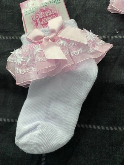 Baby Girls Lace and Bow Frilly Socks White and Pink Various Sizes