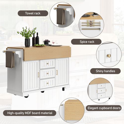 Kitchen Island on Wheels Rolling Storage Trolley with Extendable Worktop, White — image 7