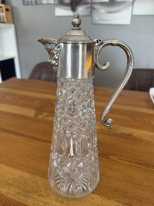 Vintage England Glass-Falstaff Head Handled Claret Jug Pitcher Silver Plated
