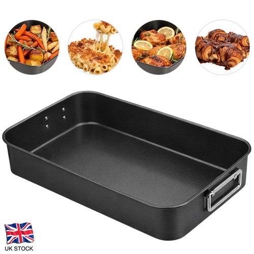 Non-Stick Deep Roasting Tin Large Oven Baking Tray Pan Handles Turkey Meat Dish
